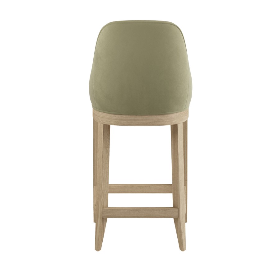 Set of 3 Sage Green Velvet Kitchen Stools with Solid Wood Legs - Madeline