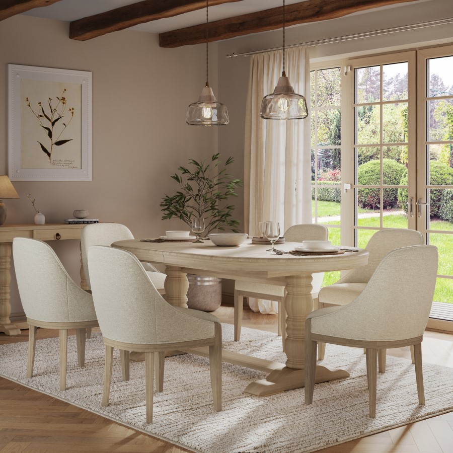 Set of 6 Beige Fabric Dining Chairs with Solid Wood Legs - Madeline