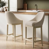 Set of 2 Beige Fabric Kitchen Stools with Solid Wood Legs - Madeline