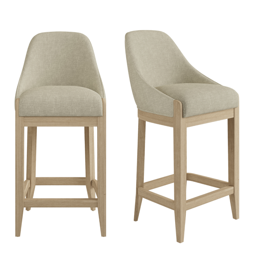 Set of 2 Beige Fabric Kitchen Stools with Solid Wood Legs - Madeline