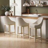 Set of 3 Beige Fabric Kitchen Stools with Solid Wood Legs - Madeline