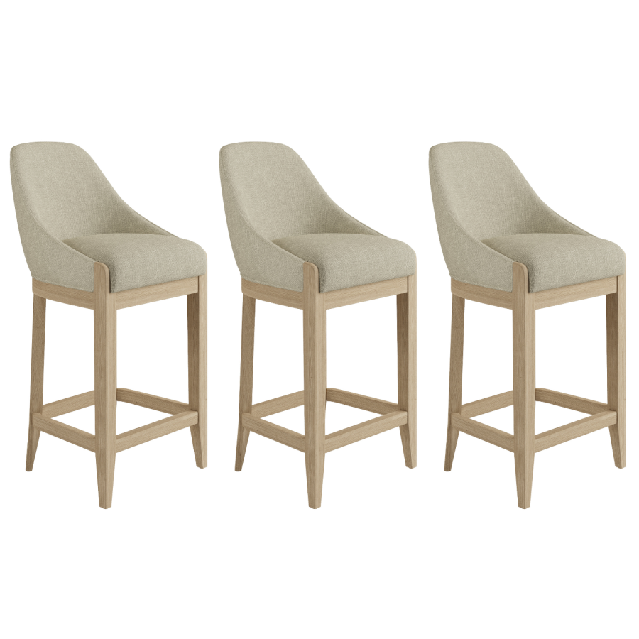 Set of 3 Beige Fabric Kitchen Stools with Solid Wood Legs - Madeline