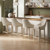 Set of 4 Beige Fabric Kitchen Stools with Solid Wood Legs - Madeline