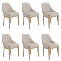 Set of 6 Cream Upholstered Blue Striped Dining Chairs with Solid Wood Legs - Madeline