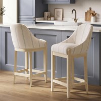 Set of 2 Cream Upholstered Blue Striped Kitchen Stools with Solid Wood Legs - Madeline