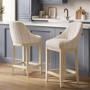 Set of 2 Cream Upholstered Blue Striped Kitchen Stools with Solid Wood Legs - Madeline