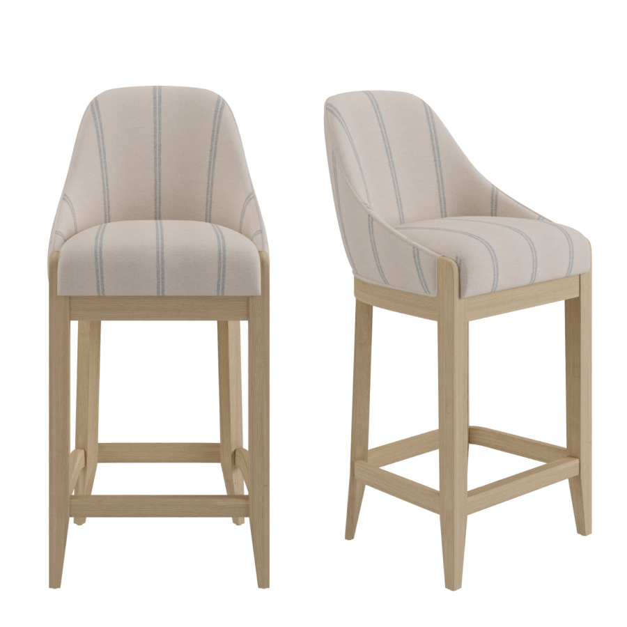 Set of 2 Cream Upholstered Blue Striped Kitchen Stools with Solid Wood Legs - Madeline