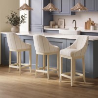 Set of 3 Cream Upholstered Blue Striped Kitchen Stools with Solid Wood Legs - Madeline