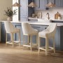Set of 3 Cream Upholstered Blue Striped Kitchen Stools with Solid Wood Legs - Madeline