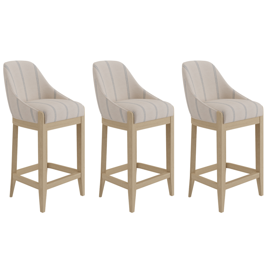 Set of 3 Cream Upholstered Blue Striped Kitchen Stools with Solid Wood Legs - Madeline