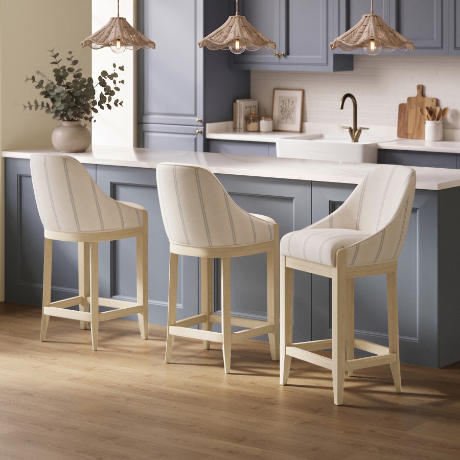 Set of 3 Beige and Blue Striped Upholstered Kitchen Stools with Solid Wood Legs - Madeline