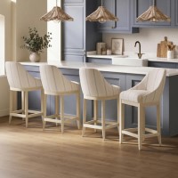 Set of 4 Cream Upholstered Blue Striped Kitchen Stools with Solid Wood Legs - Madeline