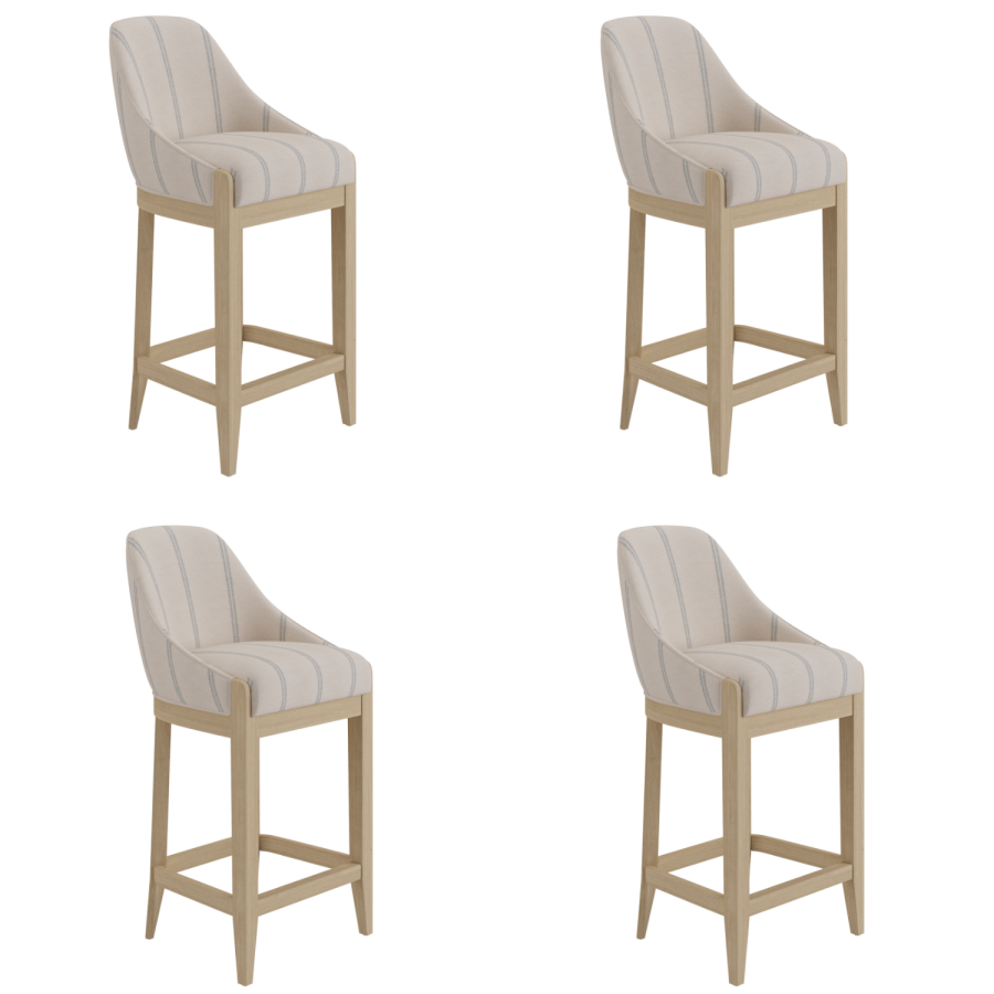 Set of 4 Cream Upholstered Blue Striped Kitchen Stools with Solid Wood Legs - Madeline