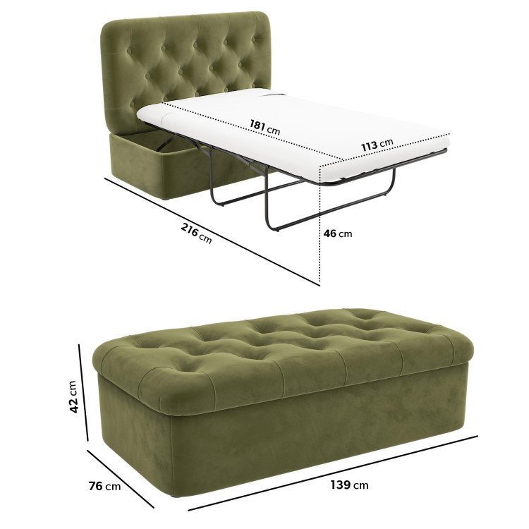 Single Footstool Sofa Bed with Mattress in Olive Green Velvet - Myles