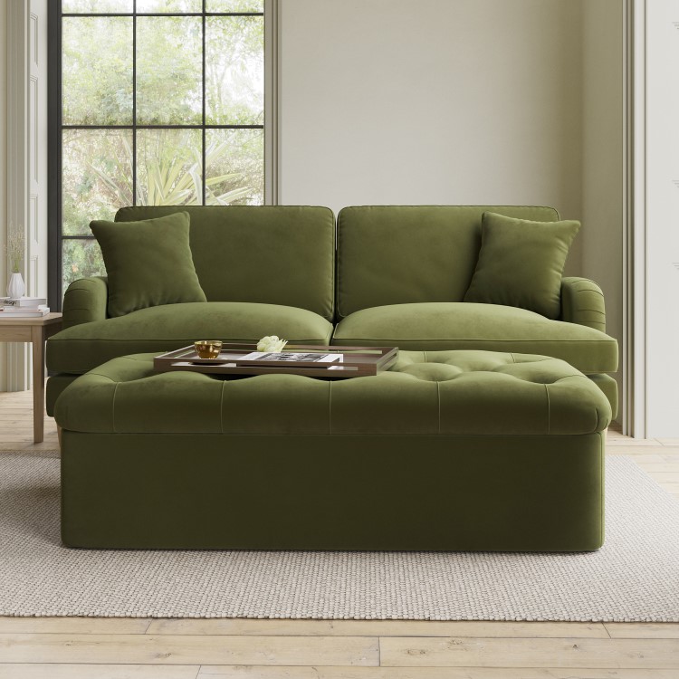 Single Footstool Sofa Bed with Mattress in Olive Green Velvet - Myles