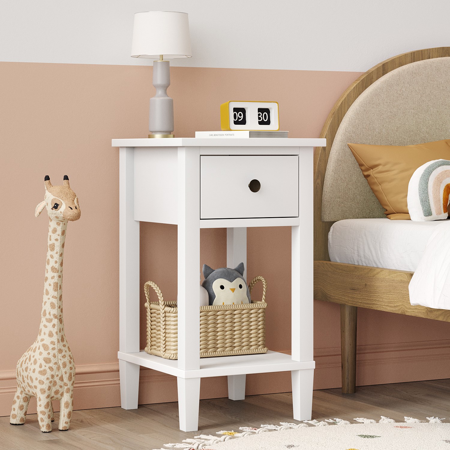 Photo of Kids white wooden bedside table with drawer and shelf - marlowe