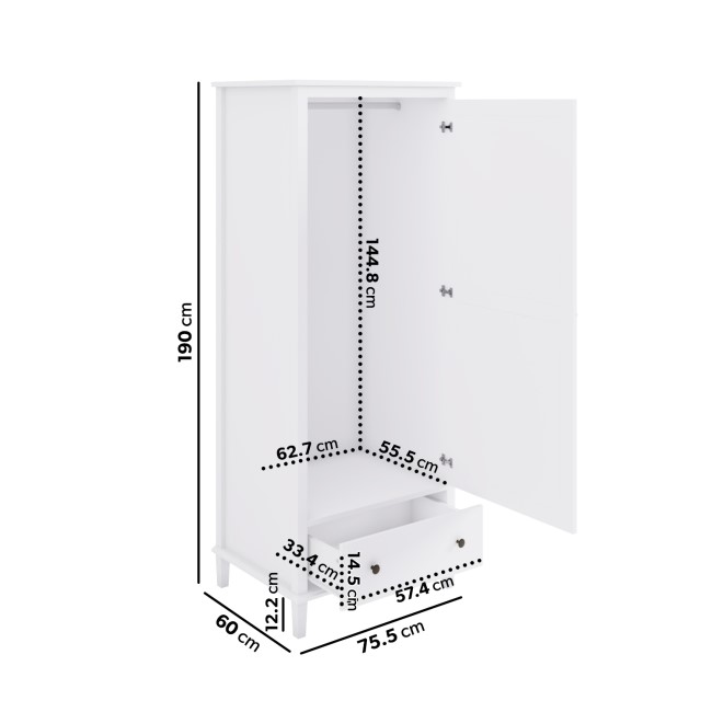 Kids White Single Wardrobe with Drawer - Marlowe