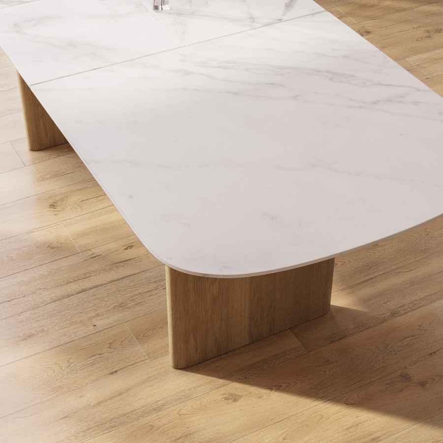 GRADE A1 - Large White Marble Ceramic and Oak Extendable Dining Table - Seats 6 - 8 - Marian