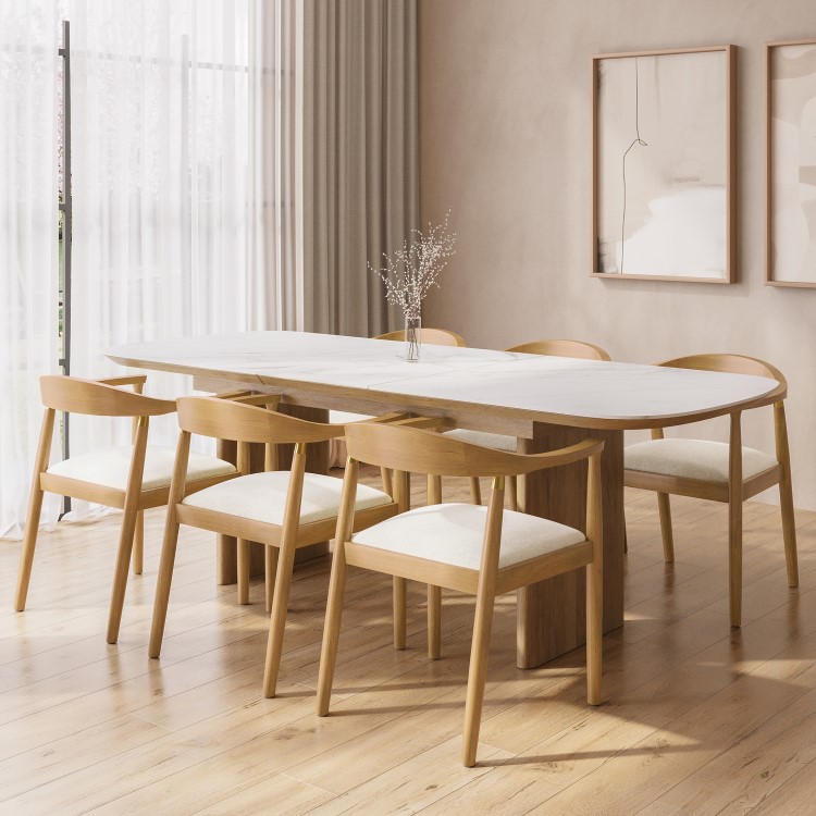 Ceramic and Oak Extendable Dining Table and 6 Brass Detail Oak Curved Dining Chairs - Marian