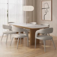 Ceramic and Oak Extendable Dining Table Set with 6 Beige Real Leather Chairs - Seats 6 - Marian