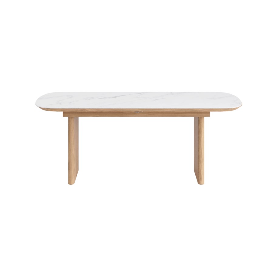Ceramic and Oak Extendable Dining Table Set with 6 Beige Real Leather Chairs - Seats 6 - Marian
