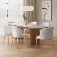 Ceramic and Oak Extendable Dining Table Set with 6 Cream Real Leather Chairs - Seats 6 - Marian