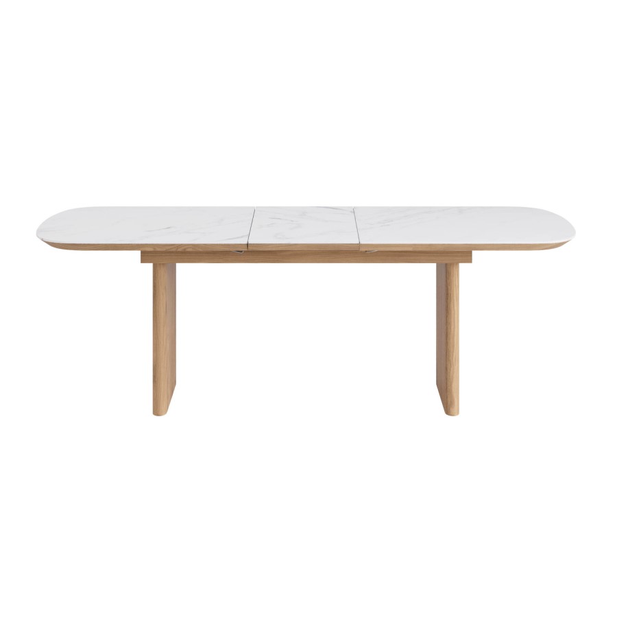 Ceramic and Oak Extendable Dining Table Set with 6 Beige Real Leather Chairs - Seats 6 - Marian