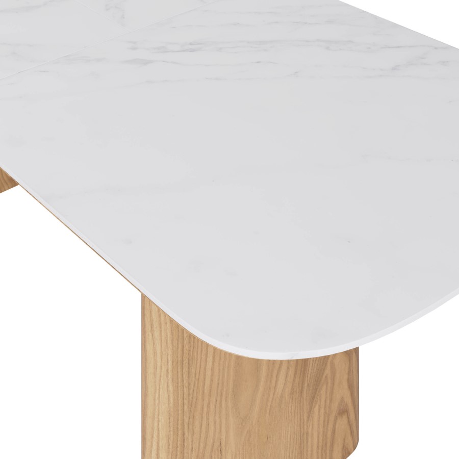 Ceramic and Oak Extendable Dining Table Set with 6 Beige Real Leather Chairs - Seats 6 - Marian
