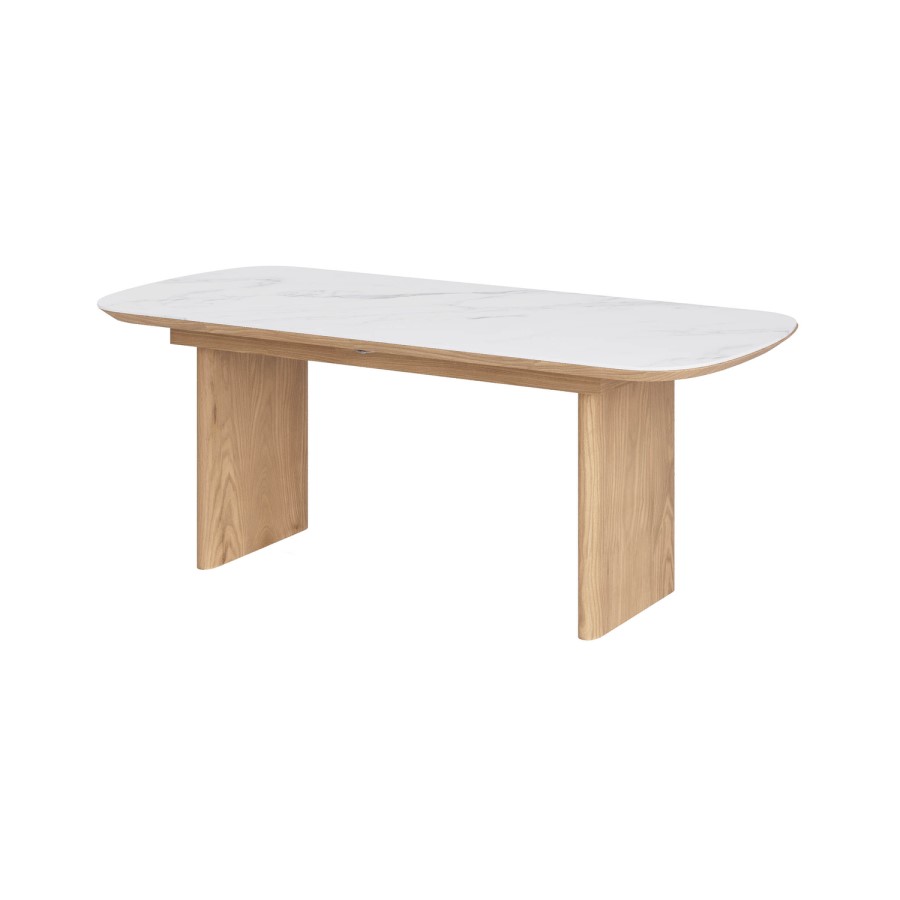 Ceramic and Oak Extendable Dining Table Set with 6 Beige Real Leather Chairs - Seats 6 - Marian