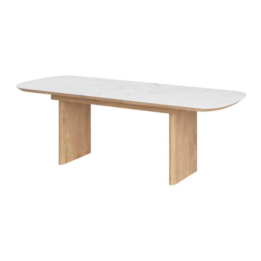 Ceramic and Oak Extendable Dining Table Set with 6 Beige Real Leather Chairs - Seats 6 - Marian