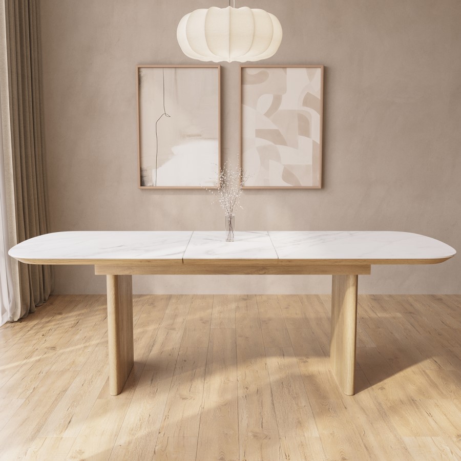 GRADE A1 - Large White Marble Ceramic and Oak Extendable Dining Table - Seats 6 - 8 - Marian
