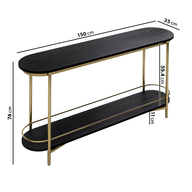 Large Black Wood and Gold Console Table with Storage Shelf - Myla