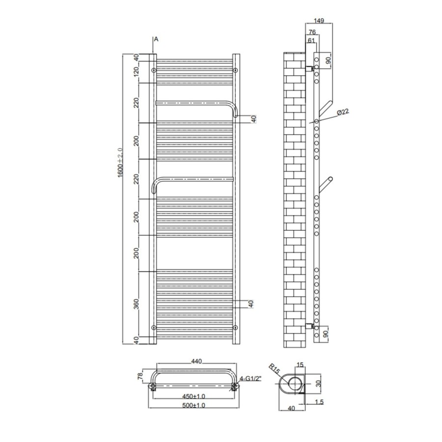 Chrome Towel Radiator 1600 x 500mm with Pipe Kit and Straight Valves – Nazco