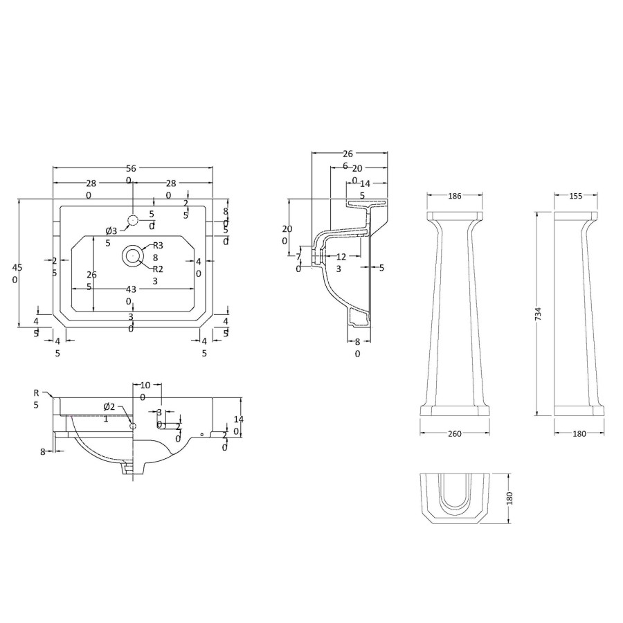 Park Royal 560mm 1 Tap Hole Basin and Pedestal