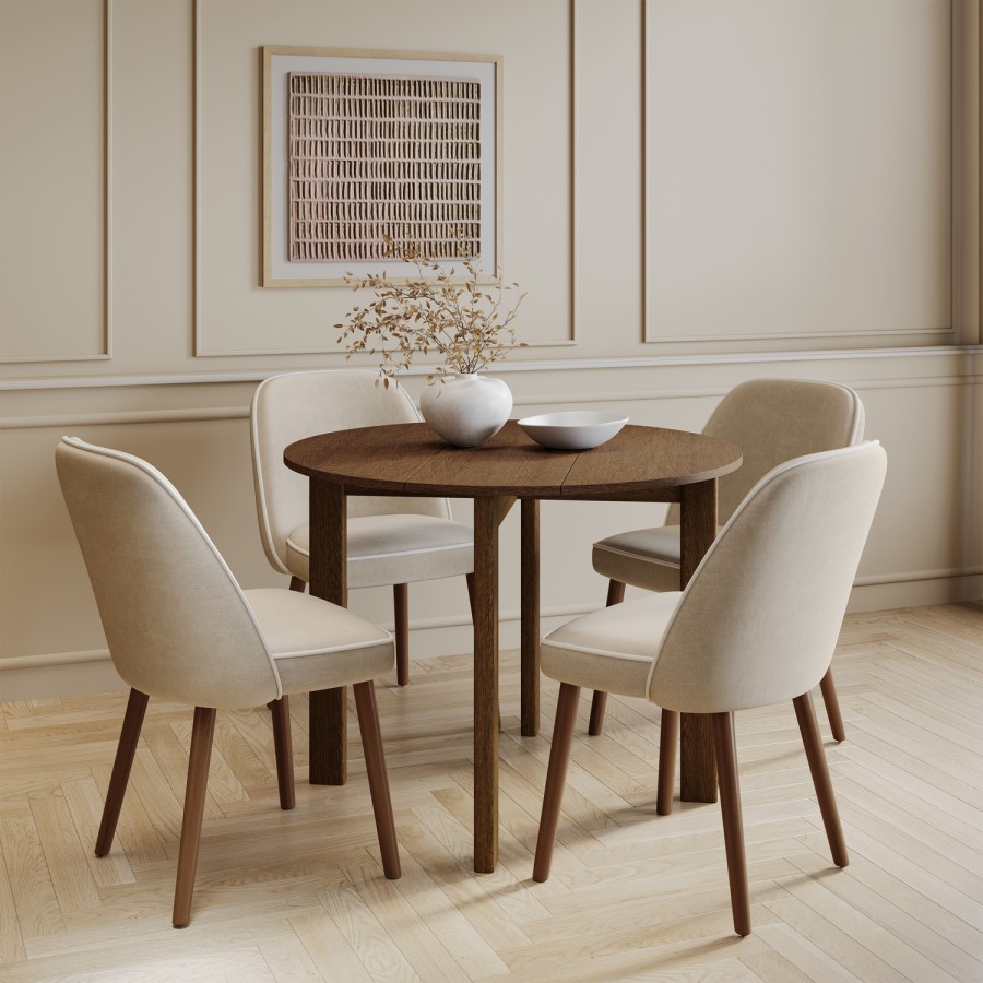 Small Walnut Drop Leaf Extendable Dining Table Set with 4 Upholstered Taupe Chairs - Seats 4 - Nell