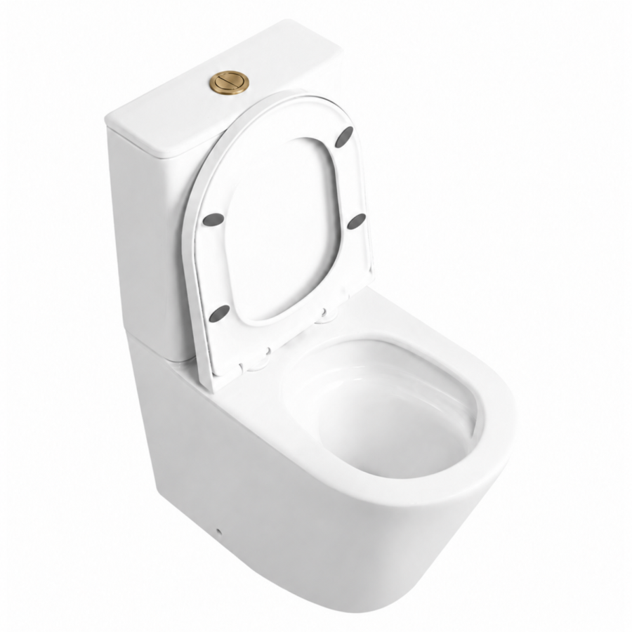 Close Coupled Rimless Closed Back Short Projection Toilet with Brushed Brass Button and Tornado Flush - Newport