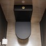 Matt Black Close Coupled Rimless Closed Back Short Projection Toilet with Brushed Brass Button and Tornado Flush - Newport