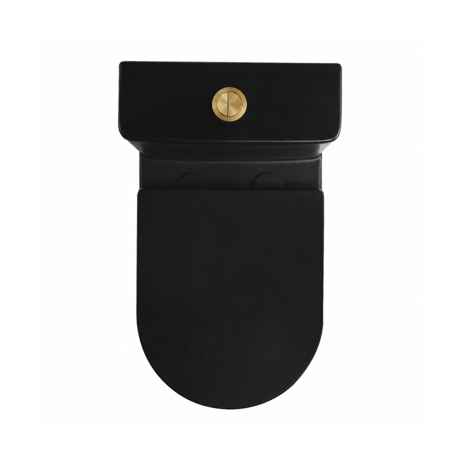Matt Black Close Coupled Rimless Closed Back Short Projection Toilet with Brushed Brass Button and Tornado Flush - Newport