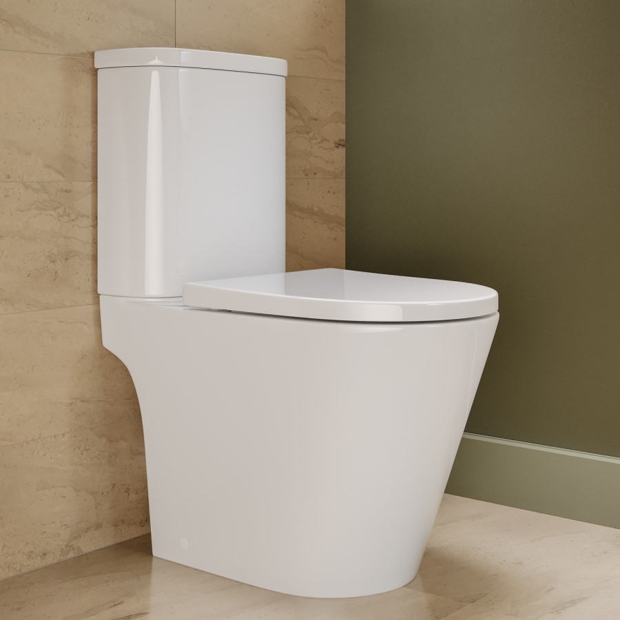 Close Coupled Rimless Open Back Short Projection Toilet with Brushed Brass Button and Tornado Flush - Newport