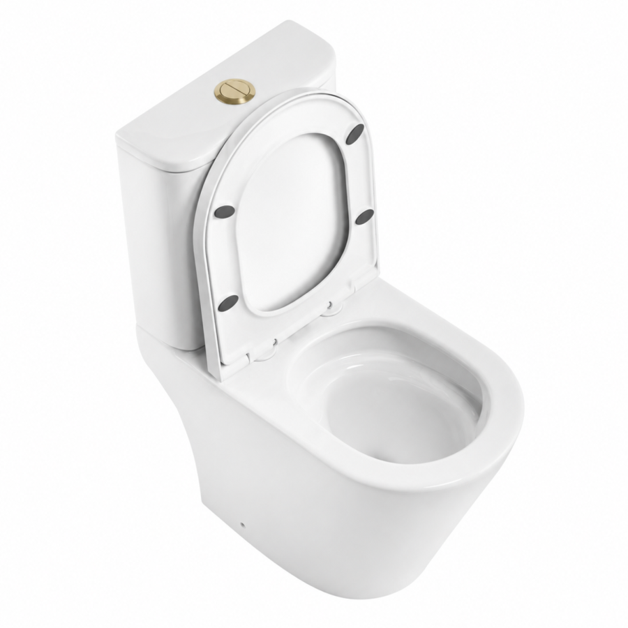 Close Coupled Rimless Open Back Short Projection Toilet with Brushed Brass Button and Tornado Flush - Newport