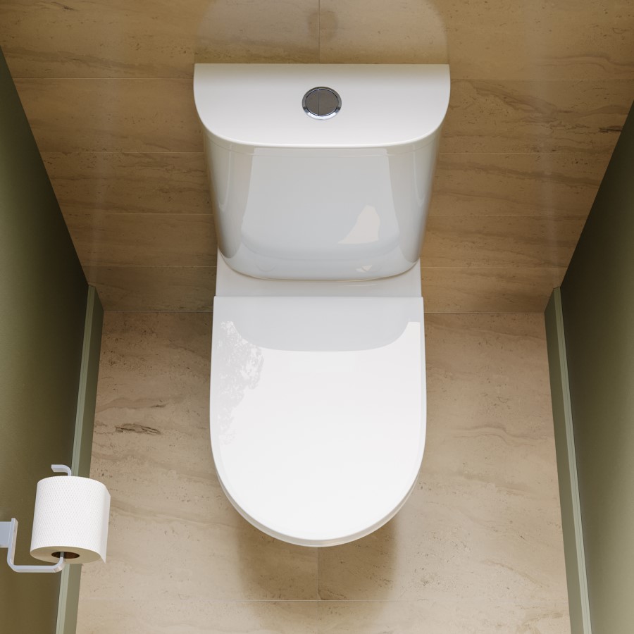 Close Coupled Rimless Open Back Short Projection Toilet with Chrome Button and Tornado Flush - Newport