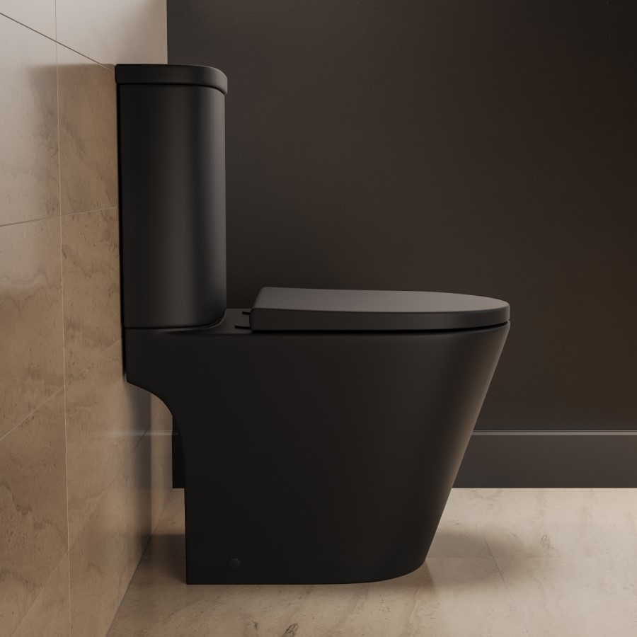 Matt Black Close Coupled Rimless Open Back Short Projection Toilet with Brushed Brass Button and Tornado Flush - Newport