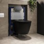 Matt Black Wall Hung Rimless Toilet with Soft Close Seat, Chrome Pneumatic Flush Plate, 820mm Frame & Cistern - Newport