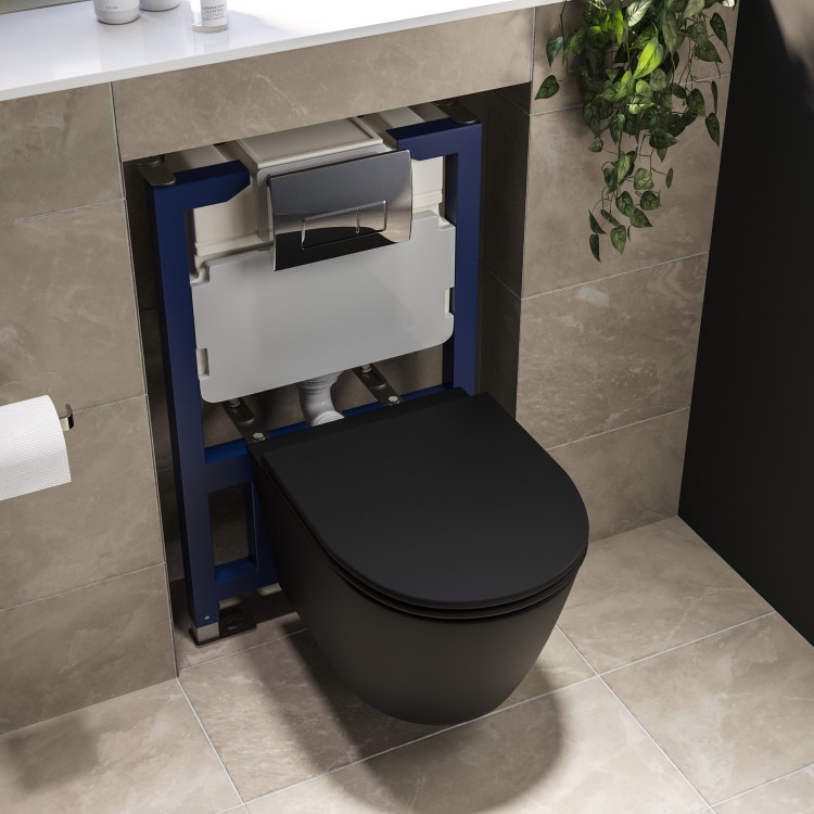 Matt Black Wall Hung Rimless Toilet with Soft Close Seat, Chrome Pneumatic Flush Plate, 820mm Frame & Cistern - Newport