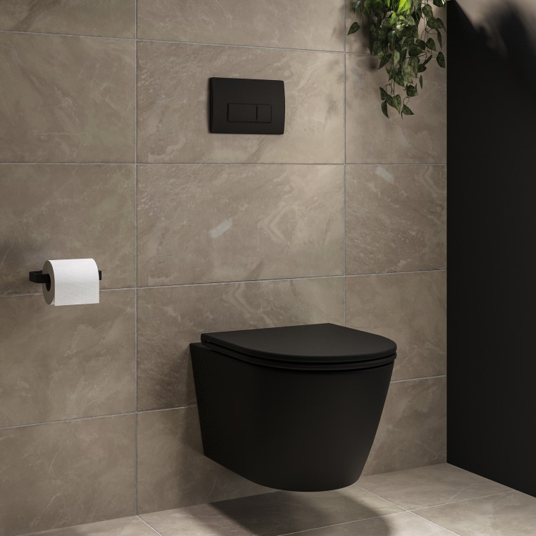 Matt Black Wall Hung Rimless Toilet with Soft Close Seat, Matt Black Pneumatic Flush Plate, 820mm Frame & Cistern - Newport