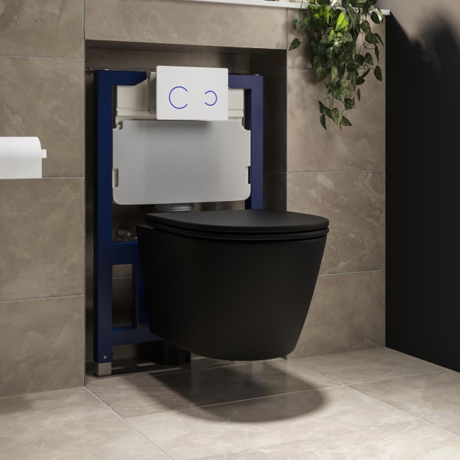 Matt Black Wall Hung Rimless Toilet with Soft Close Seat, White Glass Sensor Pneumatic Flush Plate, 820mm Frame & Cistern - Newport