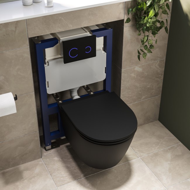 Matt Black Wall Hung Rimless Toilet with Soft Close Seat, Black Glass Sensor Pneumatic Flush Plate, 820mm Frame & Cistern - Newport