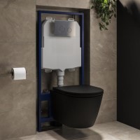 Matt Black Wall Hung Rimless Toilet with Soft Close Seat, Chrome Mechanical Flush Plate with 1160mm Frame & Cistern - Newport