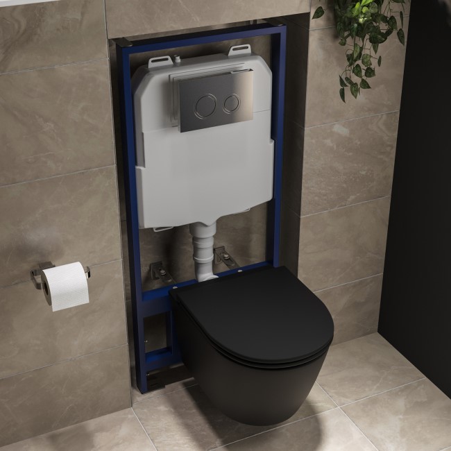 Matt Black Wall Hung Rimless Toilet with Soft Close Seat, Chrome Mechanical Flush Plate with 1160mm Frame & Cistern - Newport