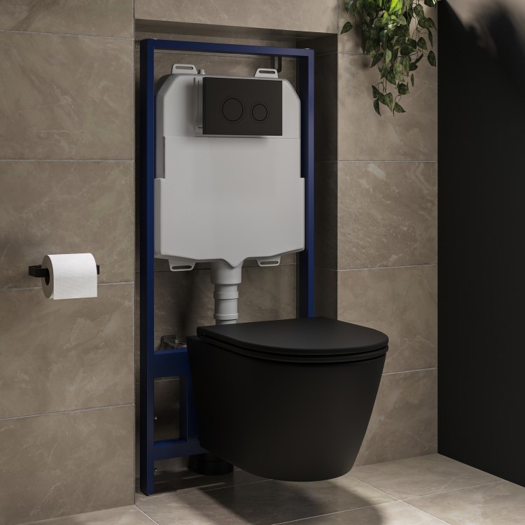 Matt Black Wall Hung Rimless Toilet with Soft Close Seat, Matt Black Mechanical Flush Plate with 1160mm Frame & Cistern - Newport